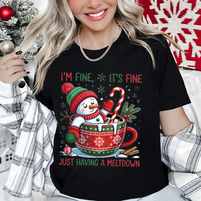 

Футболка для женщин «Я в порядке, он в порядке», just Having A Meltdown», футболки с принтом, забавный милый снеговик, рождественская одежда, повседневные футболки, топ