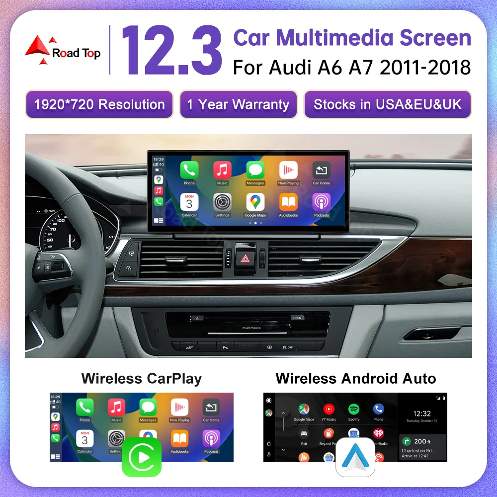 Road Top Multimedia Stereo For Audi A6 C6 C7 A7 2011-2018 Wireless CarPlay GPS Navi Radio Player Bluetooth 12.3