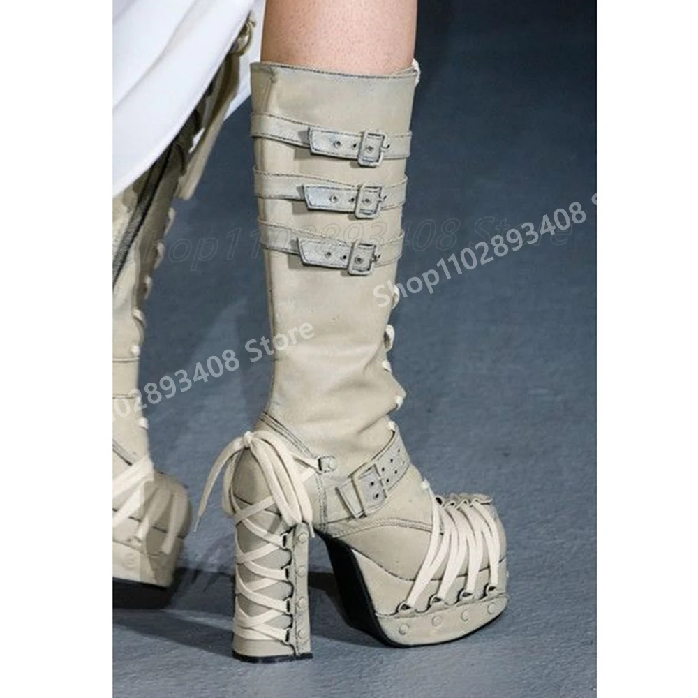 

Cross Tied Buckle Belts Mid Calf Boots Strappy Solid Chunky High Heel Platform Fashion Sexy Women Shoes 2025 Hot Para Mujere