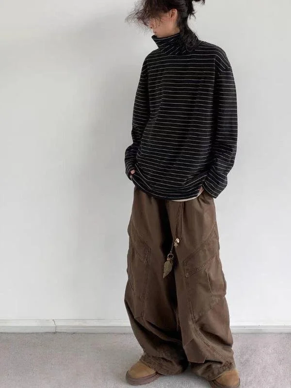 

XMM Men's High Collar Long Sve T-irt Warm Base Layer Loose Striped Simple Winter Faion Ciwalk Top