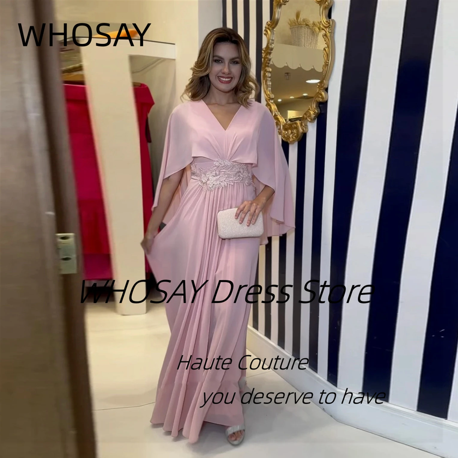 

WHOSAY V Neck Prom Dresses with Shawls Applique Sash Wedding Party Mother of the Bride Wear Customized Chiffon Evening Gowns