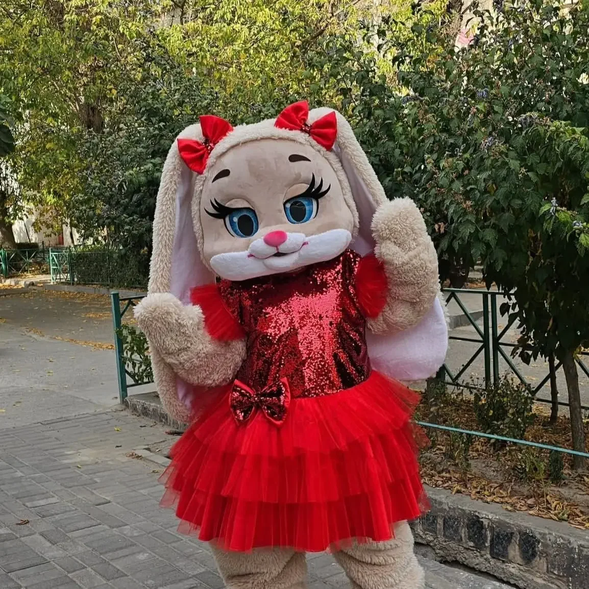 Cute Brown Hare Rabbit Mascot Costume with Red Dress Long Ears Halloween Christmas Fancy Cartoon Plush Fancy Outfits view 3