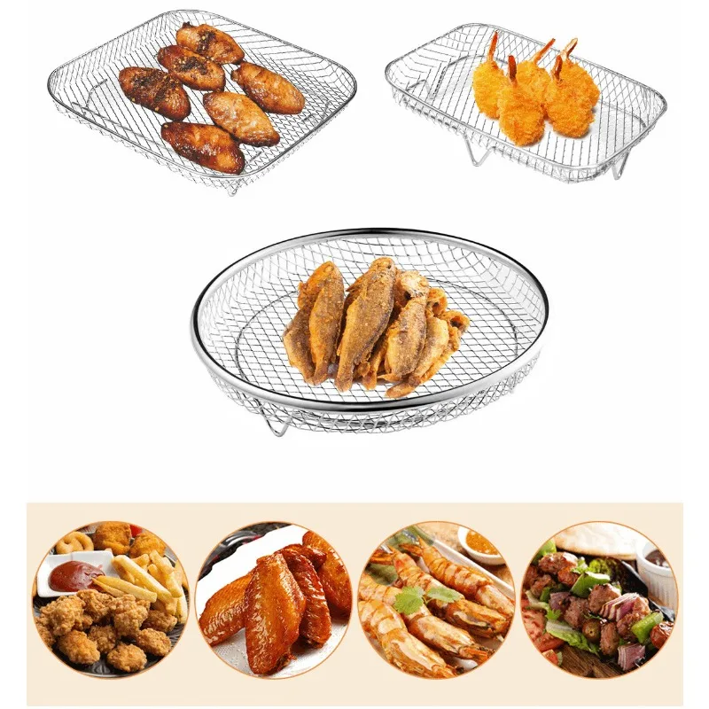 3Layer Air Fryer Rack Square Grill Stainless Steel Dehydrator Stackable Basket Kitchen Tools