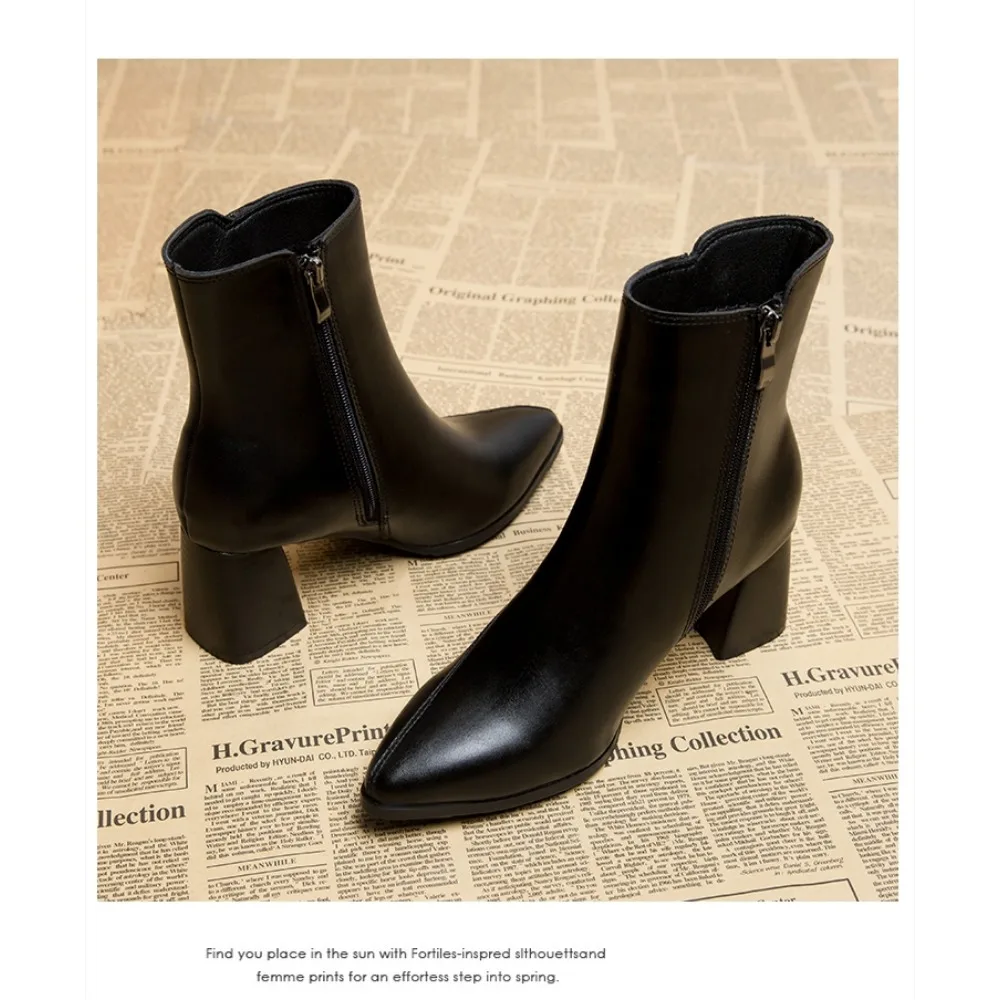 Spring and Autumn New British Style Thin and Thin Women\'s Boots Pointed Toe Thin Side Zipper Black Nude Boots Women