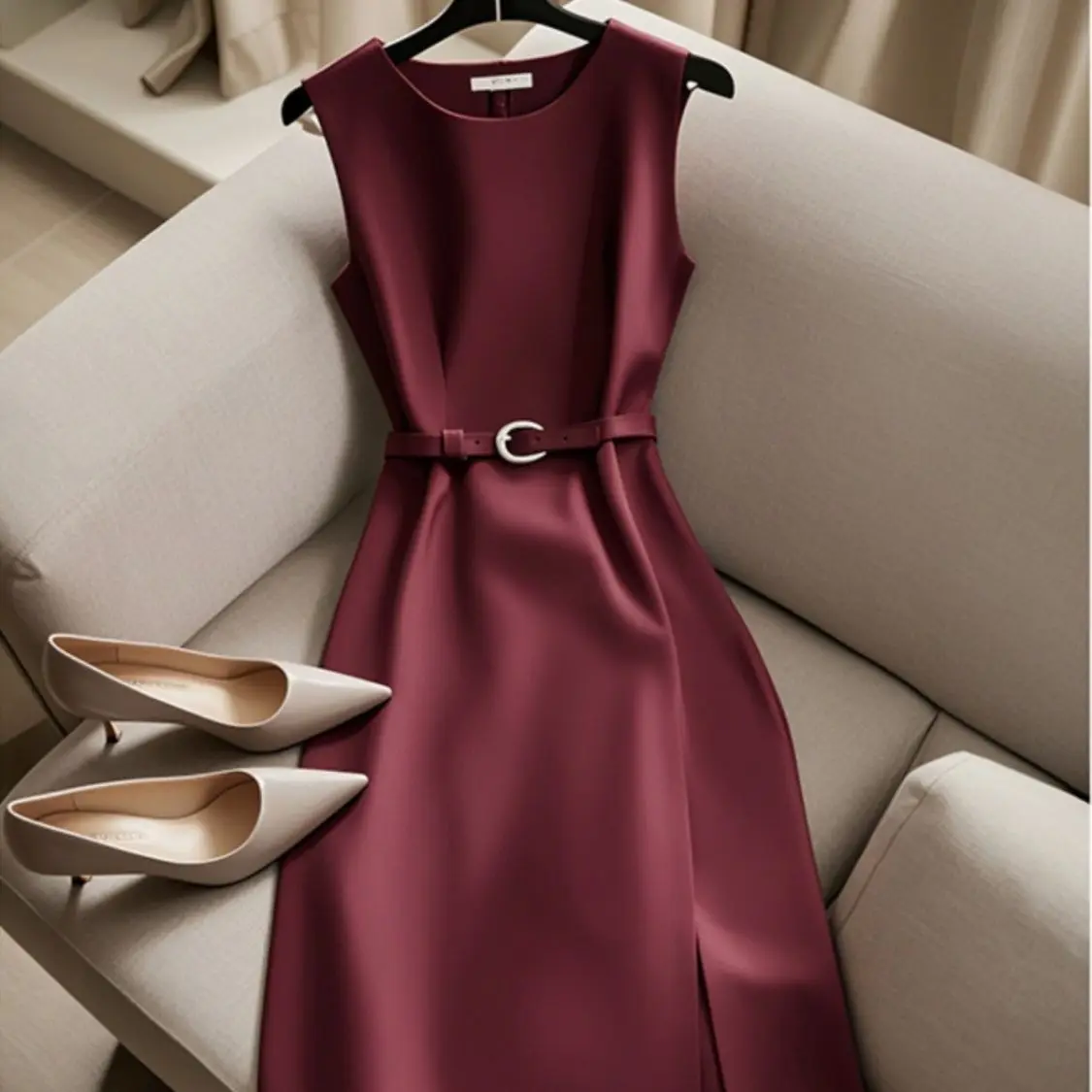 

Summer Beauty Elegant Waist Cinched Slimming Sleeveless Red Dress for Women Commuter Stylish Simple Sexy A-line Midi Dress