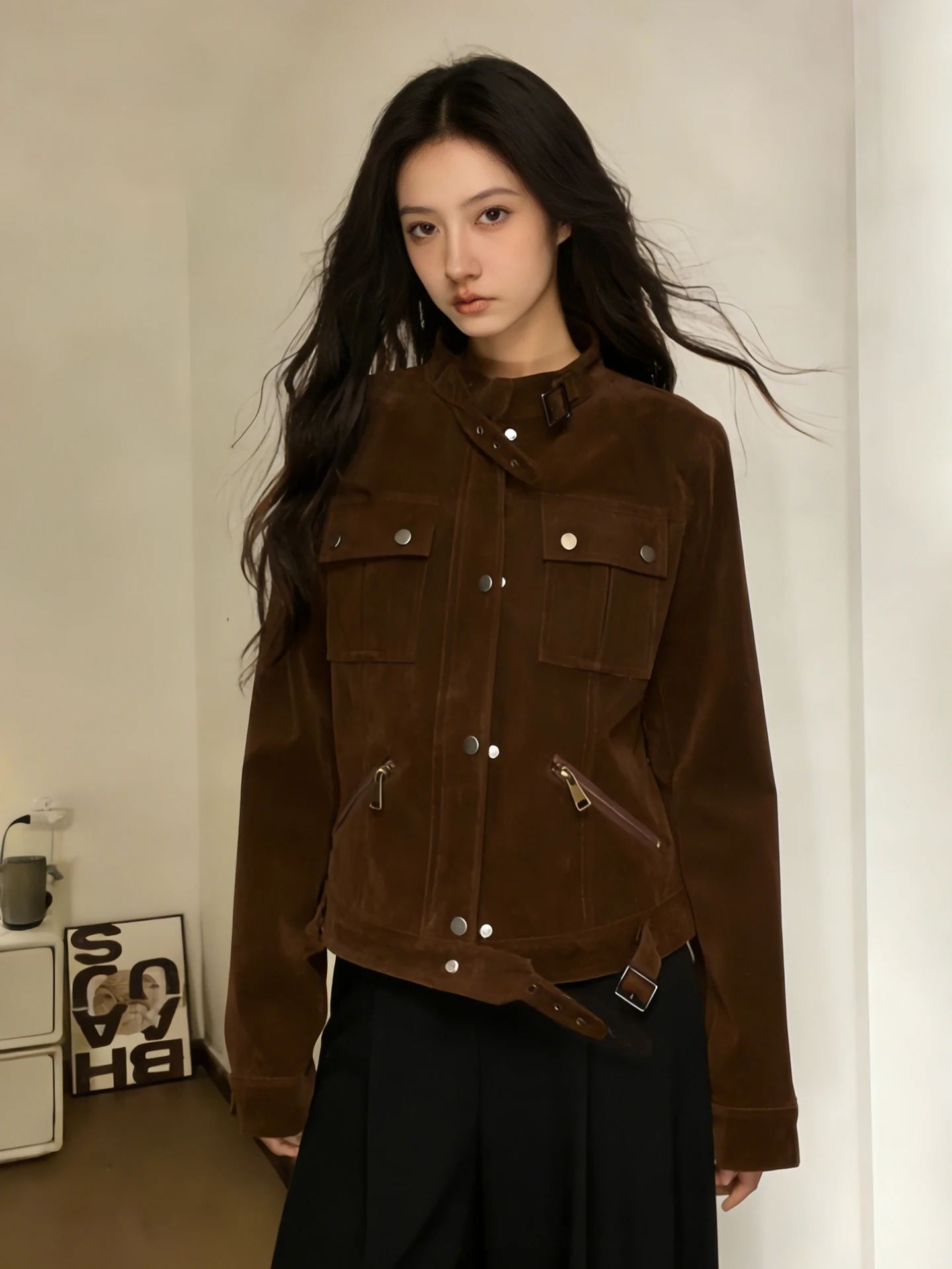 Browan camurça motocicleta jaet feminino ort oulder apropriado primavera outono novo sle americano retro jaet casaco