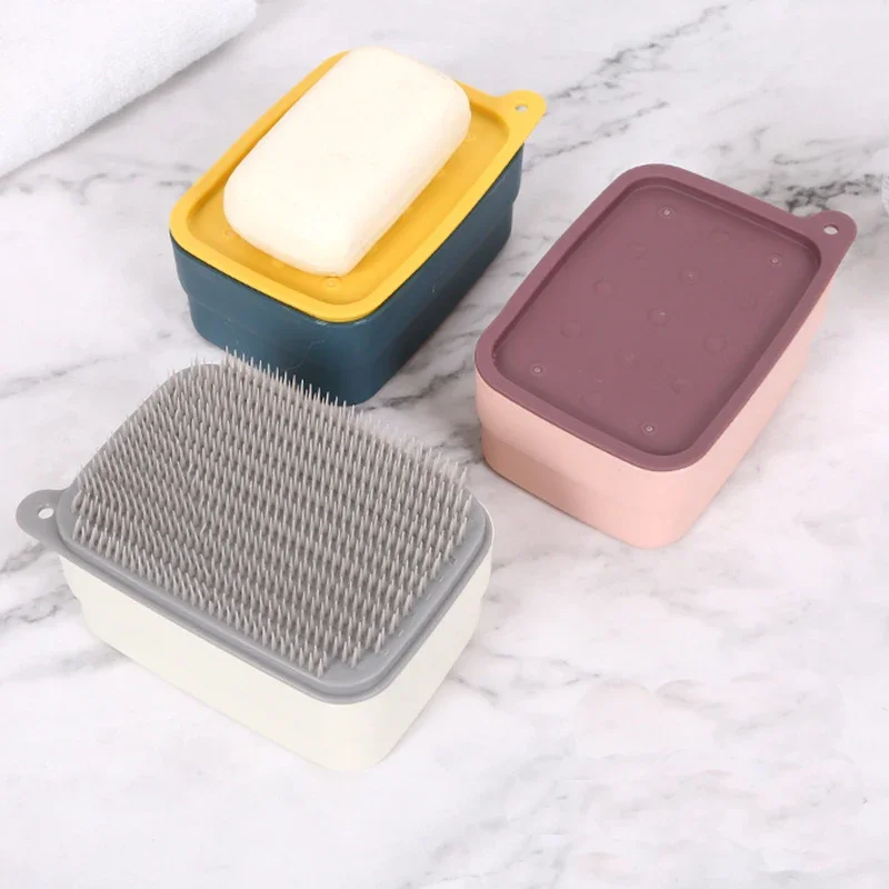 2 in 1 Soap Dish Box Case and Brush Bath Shower Holder Dish Hiking Container Soap Box Case Travel Simple Cleaning Home Organizer