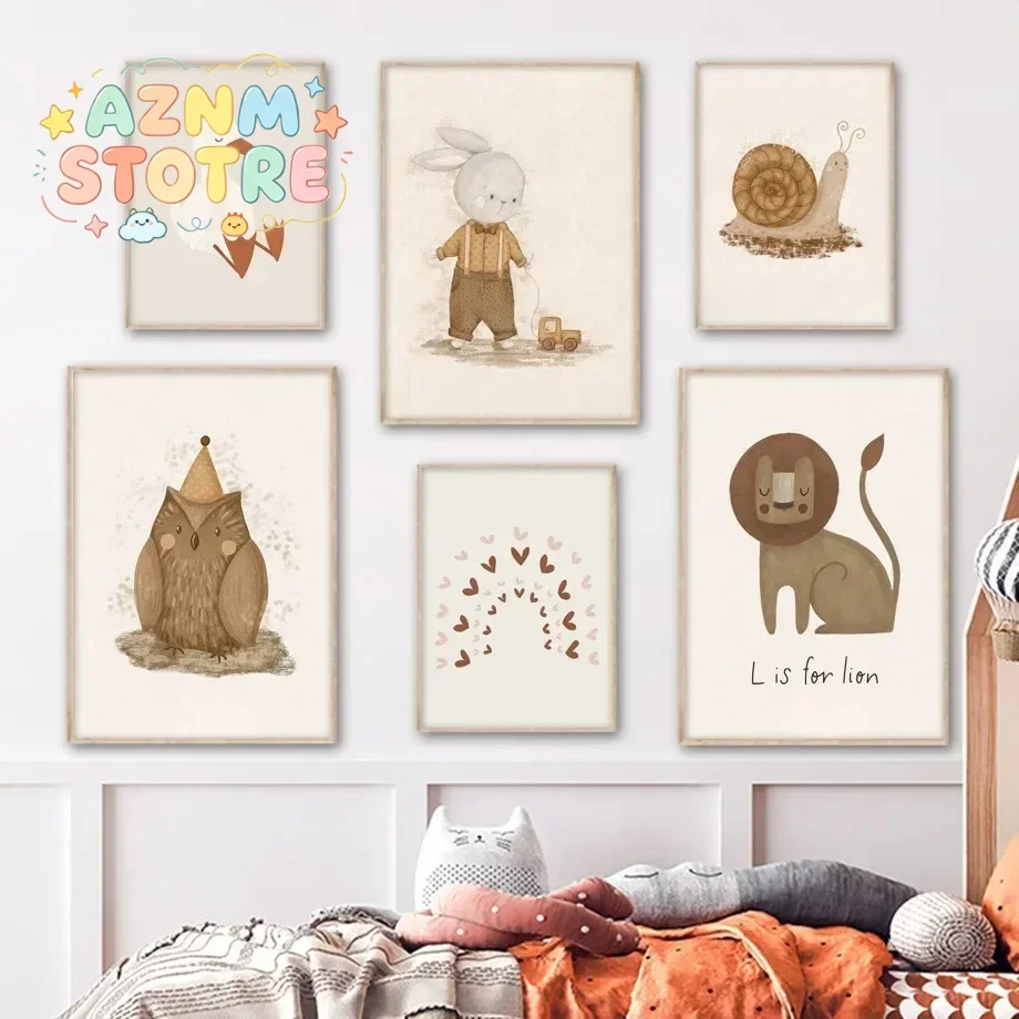 Lions Rabbit Geese Owls Snails Duck Flower Wall Art Nordic Posters and Prints Canvas Painting Pictures Baby Kids Room Home De