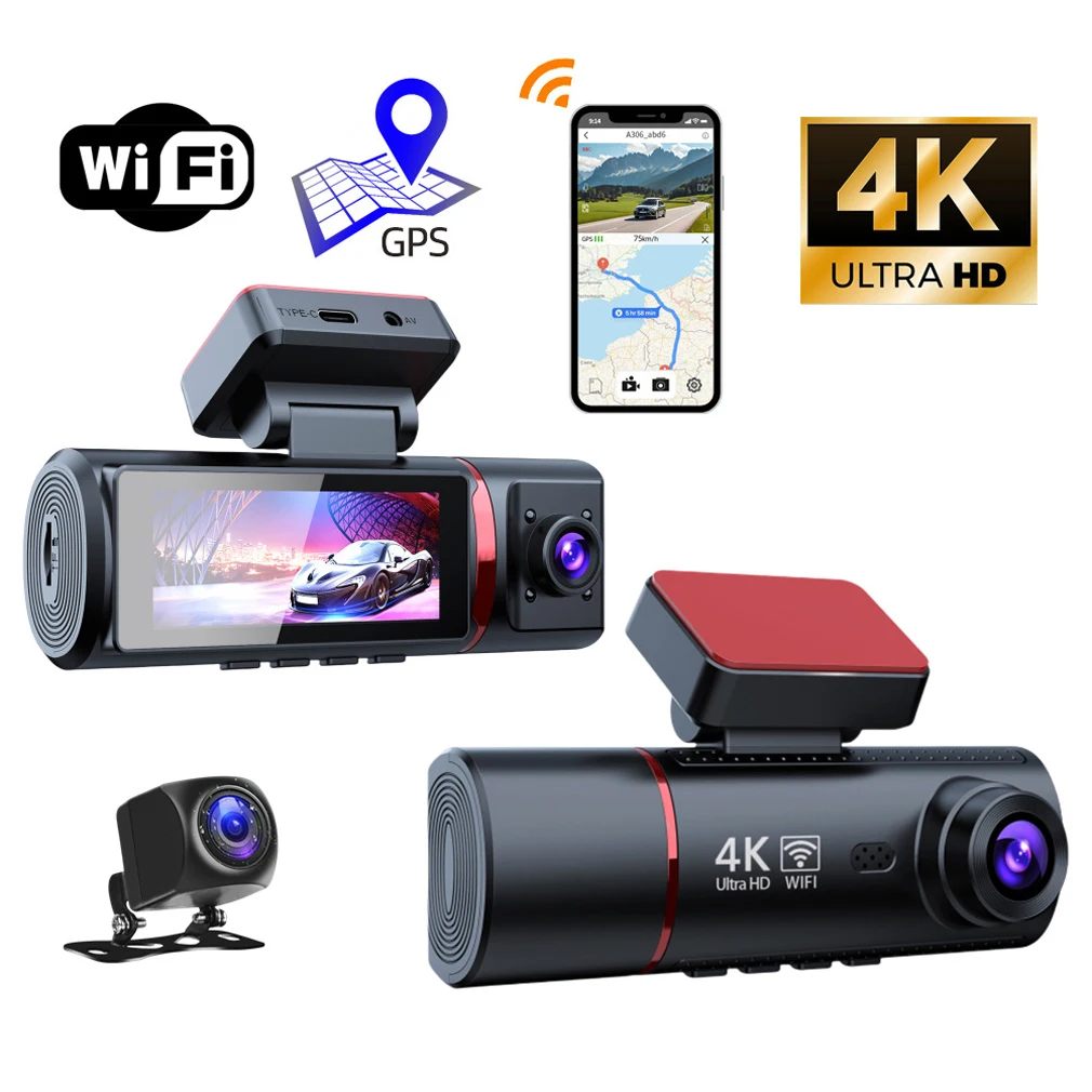 3 Channel Car DVR UHD 4K Dash Cam Wifi GPS With Rear View camera HD 1080P 3.16 inch Screen Night Vision Video Recorder