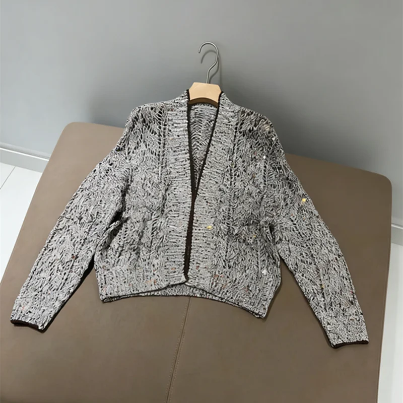 

2026 Early Spring New Beaded Linen Colorful Hollow Knitted Cardigan Fashionable All-match Top