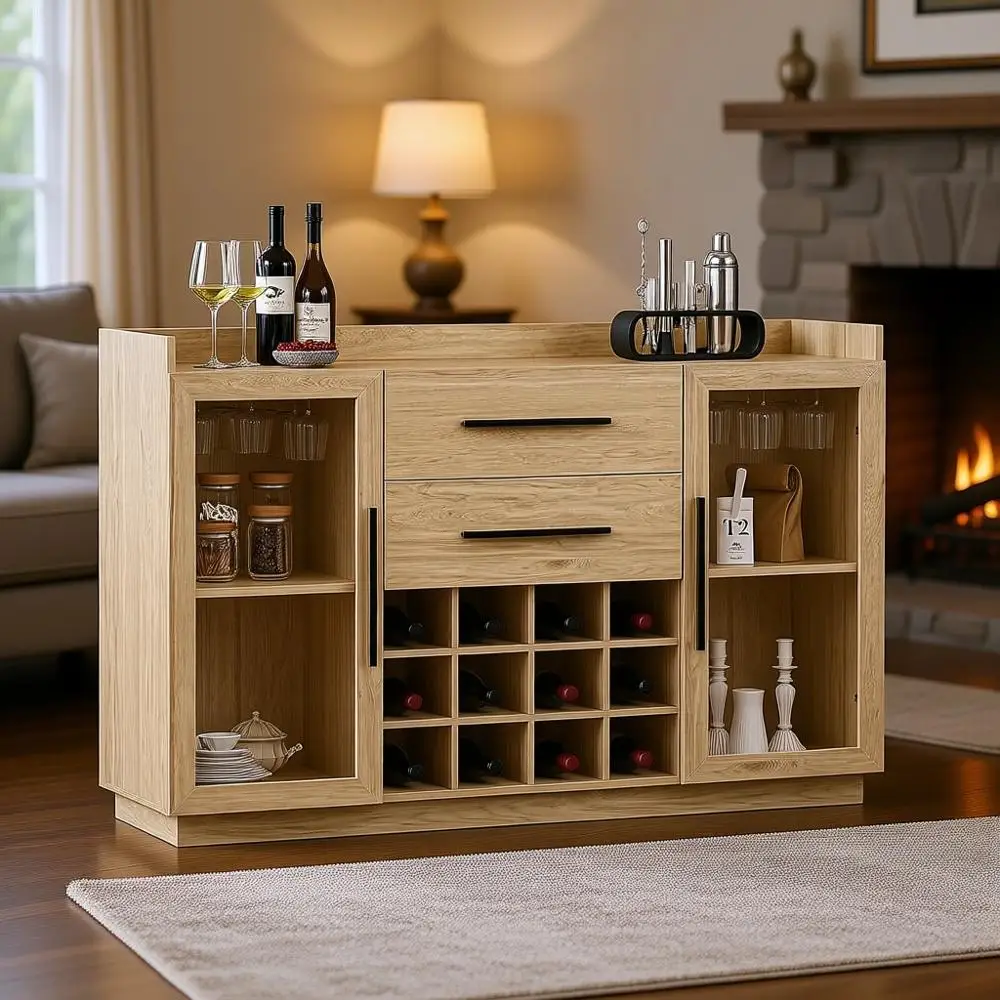 

55 Freestanding Wine Cabinet with Glass Holder and Display Door for Home Bar, Living & Dining Rooms