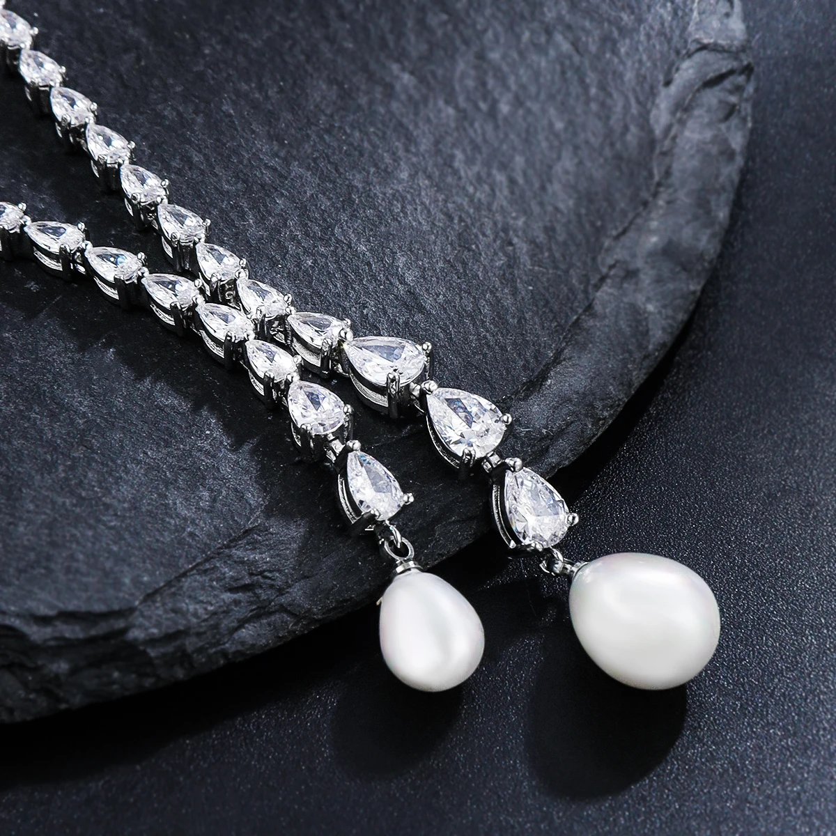 WEIMANJINGDIAN Brand New Arrival Cubic Zirconia and Pearl Drop Necklace Wedding Jewelry Set Matched with Earrings