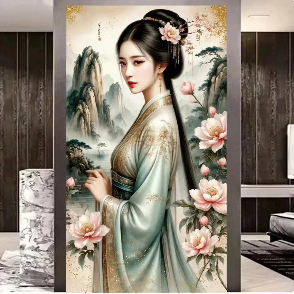 5D Diy Girl Diamond Painting Chinese Style Woman Classical Landscape Embroidery Geisha Waterfall Mosaic Rhinestone Home Decor