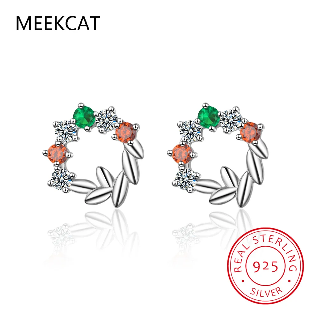 Leaves Green Nano Emerald Red Garnet Ruby 925 Sterling Silver Circle Stud Earring for Women Statement Colorful Gemstone Jewelry