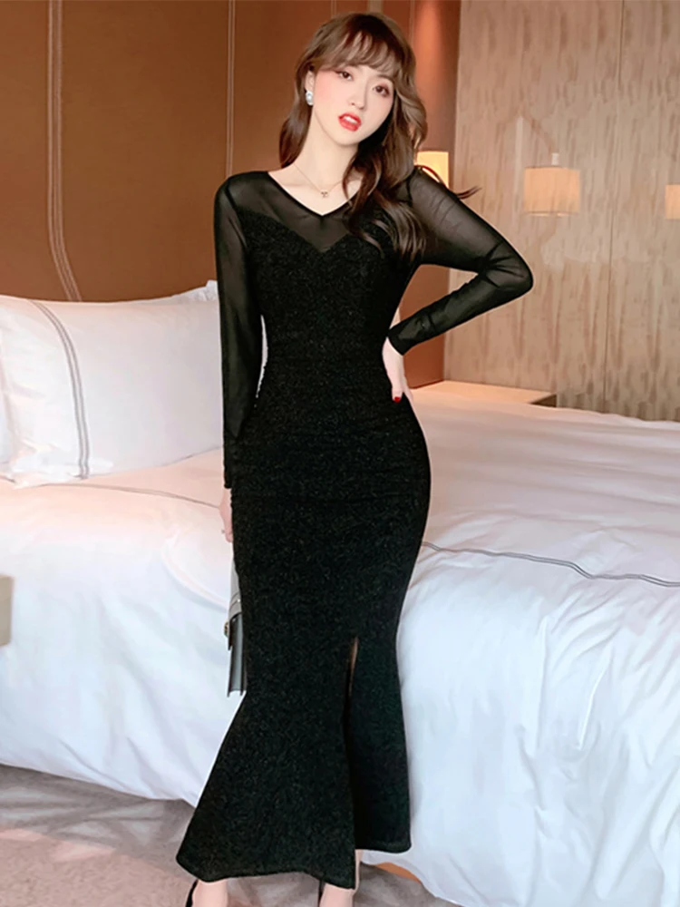 

Spring Elegant Retro Sexy Maxi Dress Women 2023 Sheer Black Silk Long Sleeves Skinny Slit Trumpet Robe Femme Club Party Vestidos