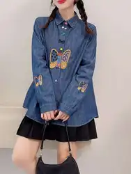 Harajuku y2k Denim Shirts Women Japan Fashion Original Butterfly Embroidery Denim Blouses Designer Jean Shirt Cardigan