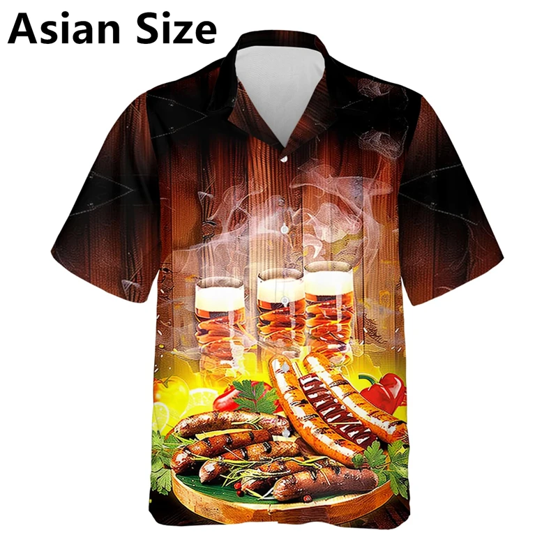 Funny Beer Pattern Hawaiian Shirts Fashion Summer Short Sleeve 3D Printed Beer Lover Blouse Casual Loose Party Vacation Shirt