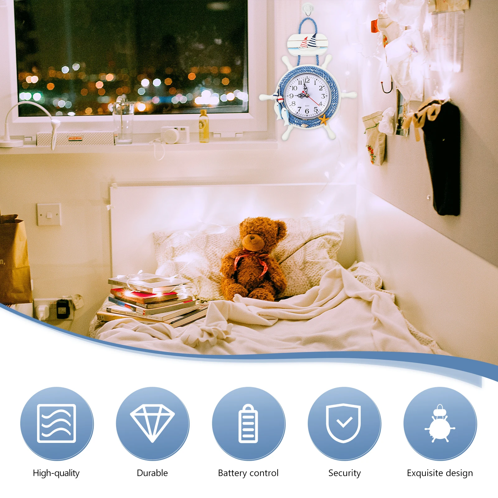 

Wooden Hanging Clock Mediterranean Style Wall Number Decor for Home Office Cafe Bar Garden Silent Decorative Art Clock