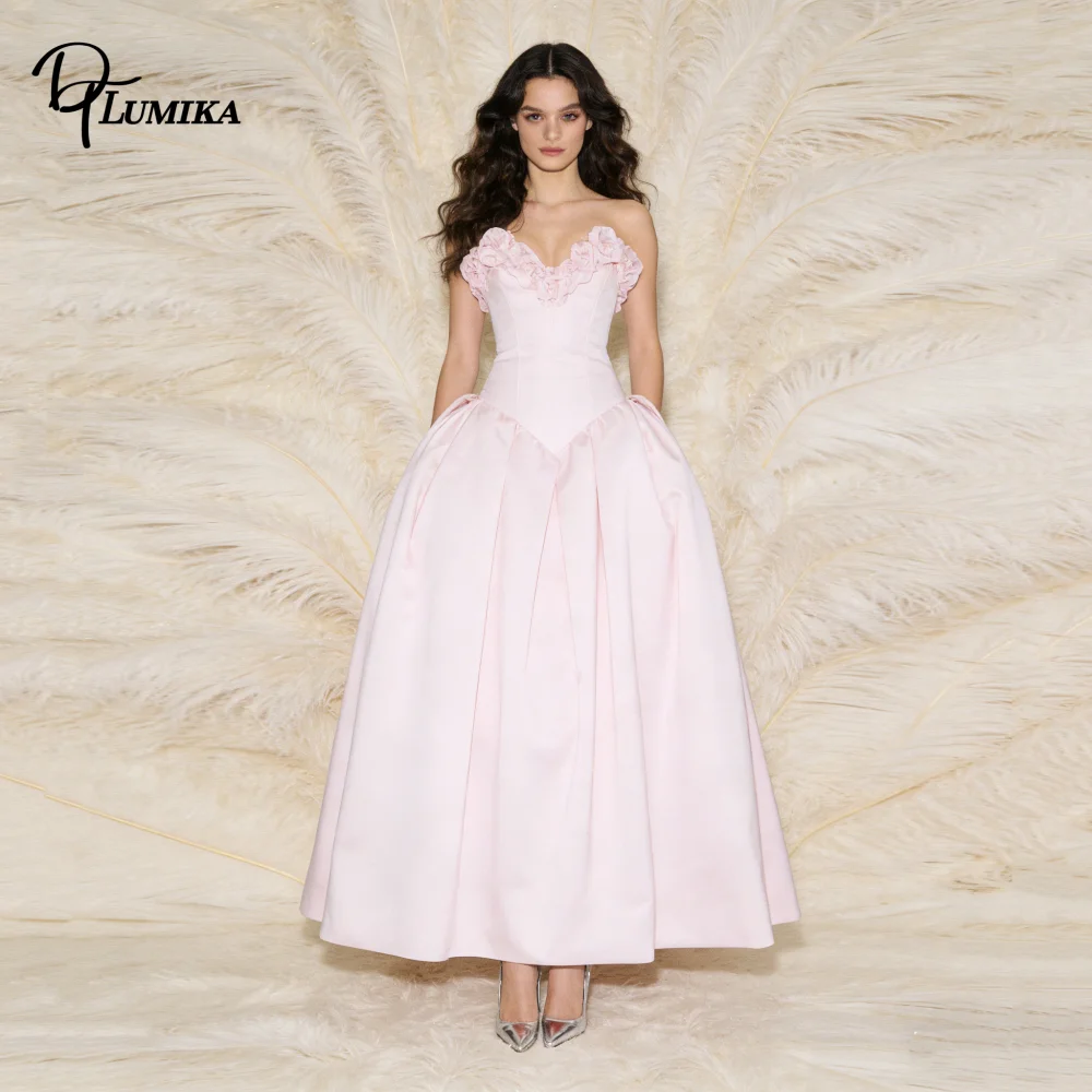 

Blush Strapless Satin Prom Dress 3D Floral Trim Ball Gown Formal Senior Graduation Party Sweet 16 Pageant Quinceanera Dress
