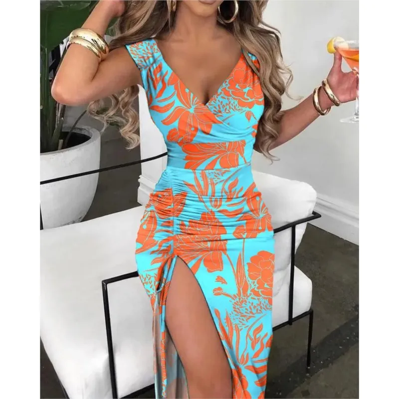 

Fashionable And Sexy Drawstring High Slit Dress For Women 2024 Ladies Flower Print Slim V Neck Sleeveless Bodycon Dress Femme