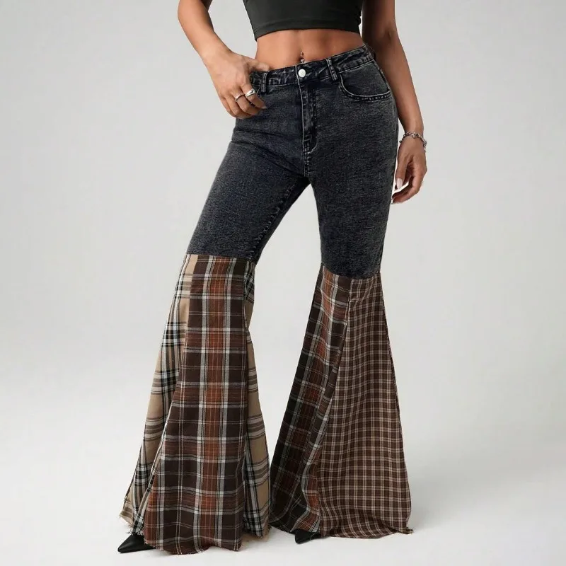 

Krisnanas Women's Y2k Plaid Flare Jeans Stylish Vintage Streetwear Low Waist Patchwork Pockets Wrap Denim Pants Woman Clothes