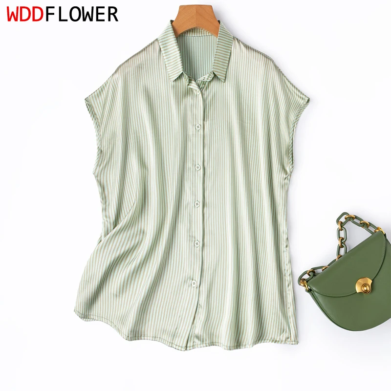 

Женская повседневная блузка-рубашка из шелка шармез (93% тутовый шелк, 7% спандекс) с рукавами реглан и светло-зелеными полосками, летняя, M1579