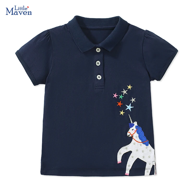 Little maven 2024 Children's Clothing T shirts Summer Embroidery Cartoon Unicorn Polo Shirts Baby Girls Kids Clothes Cotton