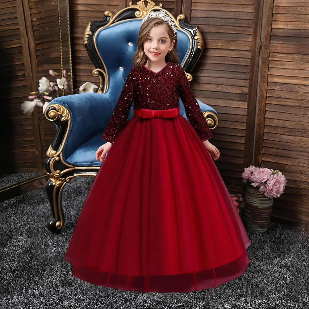 2023 Summer Embroidery Pageant Flower Princess Long Sequined Dress Elegant Kids for Girls Clothes Children Party Wedding Dress