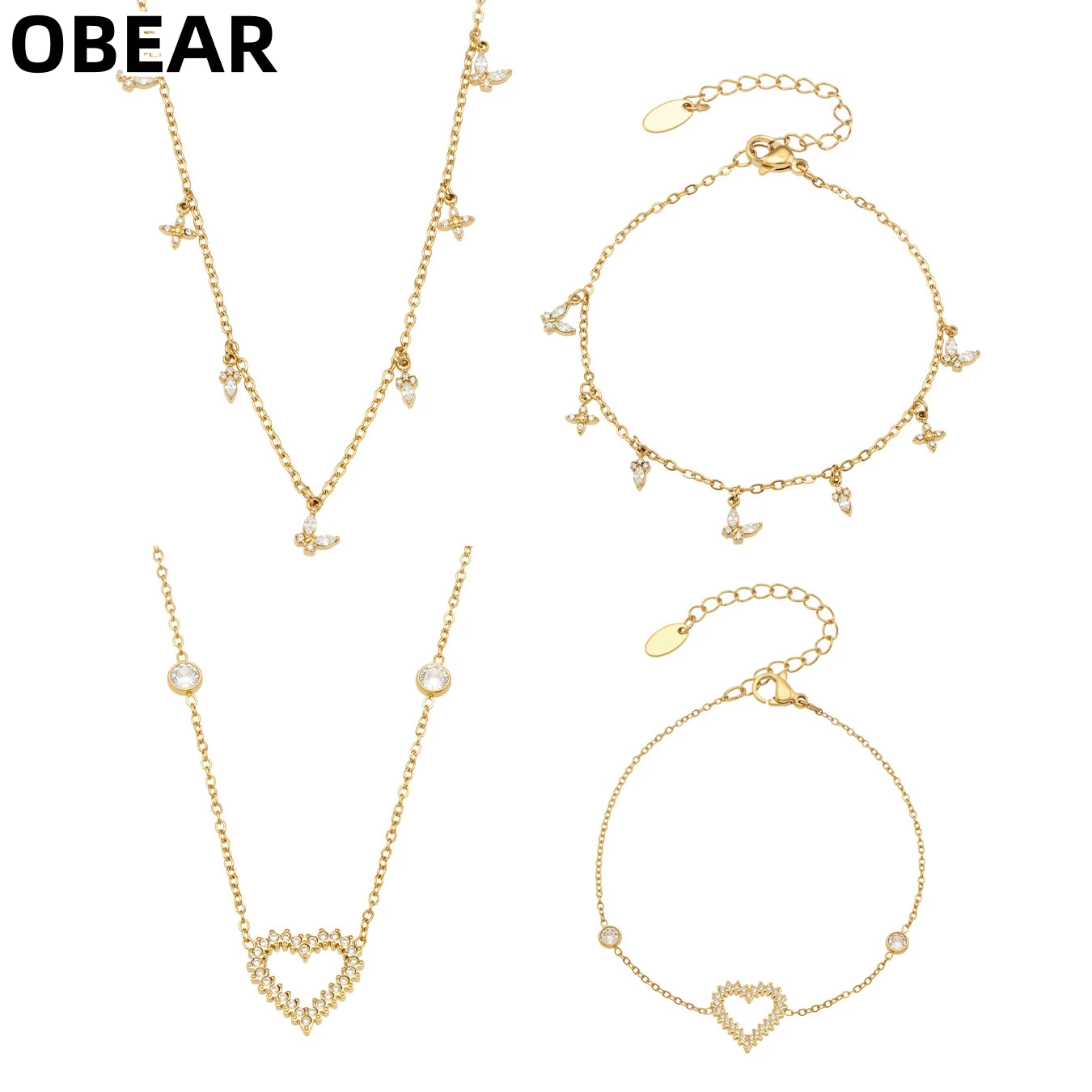 18K Gold Plated Stainless Steel Micro Pave CZ Hollow Heart & Butterfly Charm Necklace & Bracelet Dainty Women Jewelry Gift