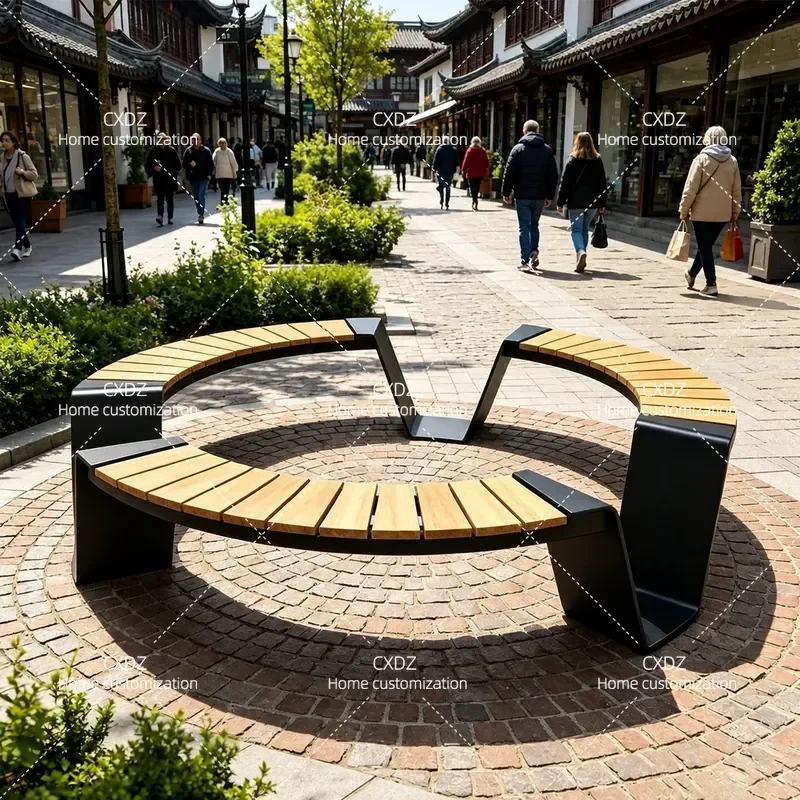 Outdoor Round Leisure Table and Chair Set Modern Simple Park Chair Plastic Wood Seat Landscape Decoration Chair