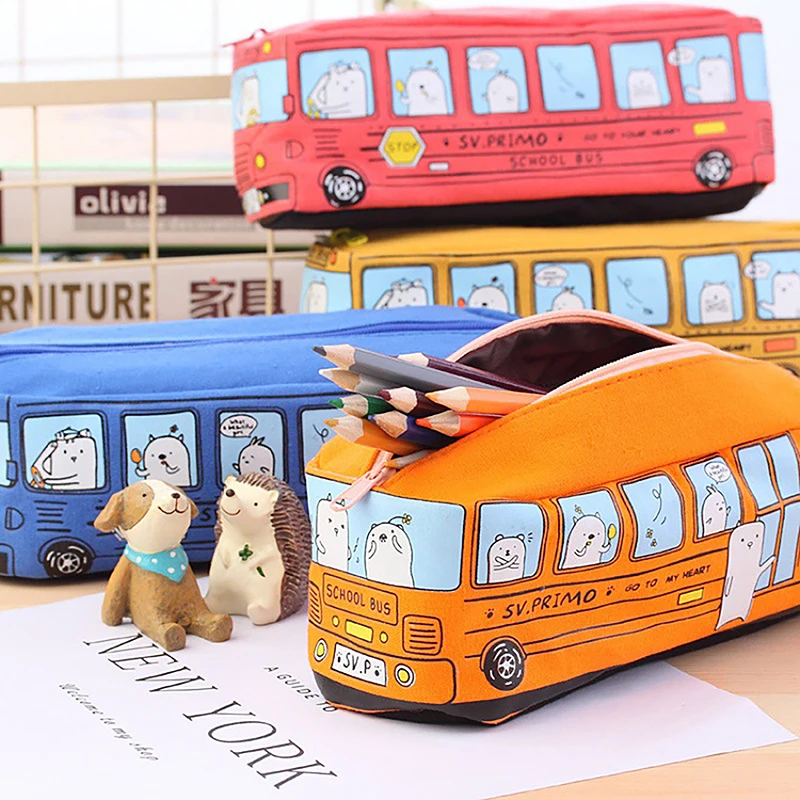 Creative Large Capacity Canvas Car Pencil Case School Supplies Bus Pencil Cases Pouch Kids Stationery Pen Bag Storage Holder