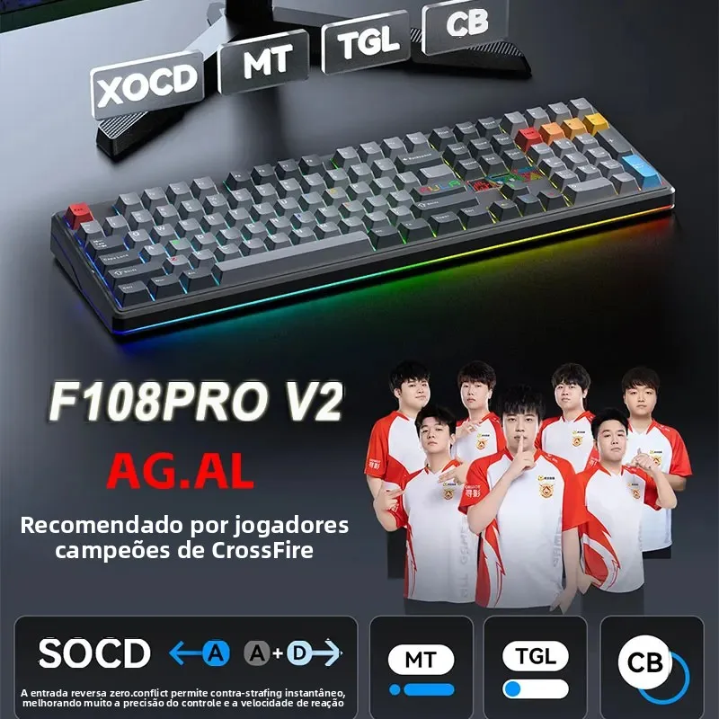 Teclado Mecânico AULA F108 Pro V2 Tri-Mode com Layout 100% e Retroiluminação RGB, Teclado Gamer Hot-Swap para Esports e Jogadores de PC