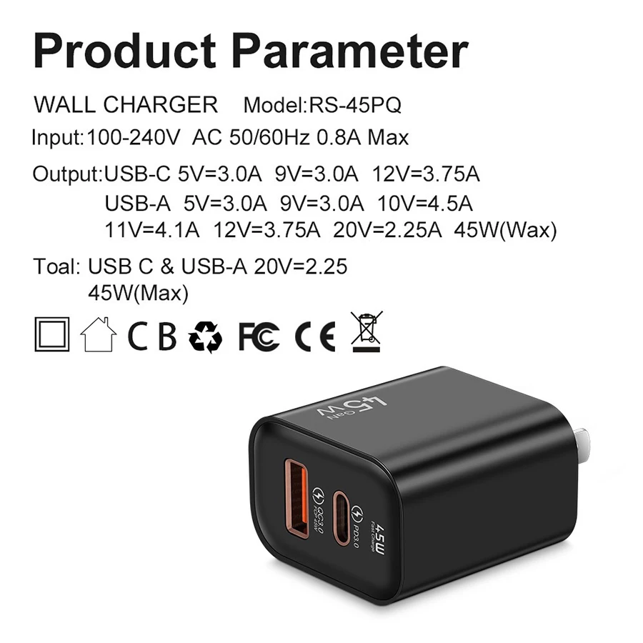 45W GaN Fast Charger Dual Port USB C PD3.0 QC3.0 Quick Charging Block Fireproof PC Wall Adapter For Smart Mobile Phones