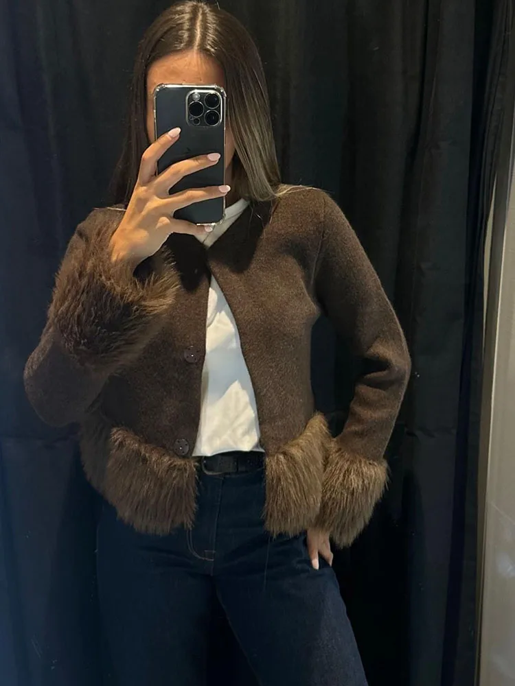 HH Women Winter Warm Faux Fur Effect Spliced ​​Knitted Set Long-Sleeved Jacket+Round Neck Short-Sleeved Casual Knitted Dress