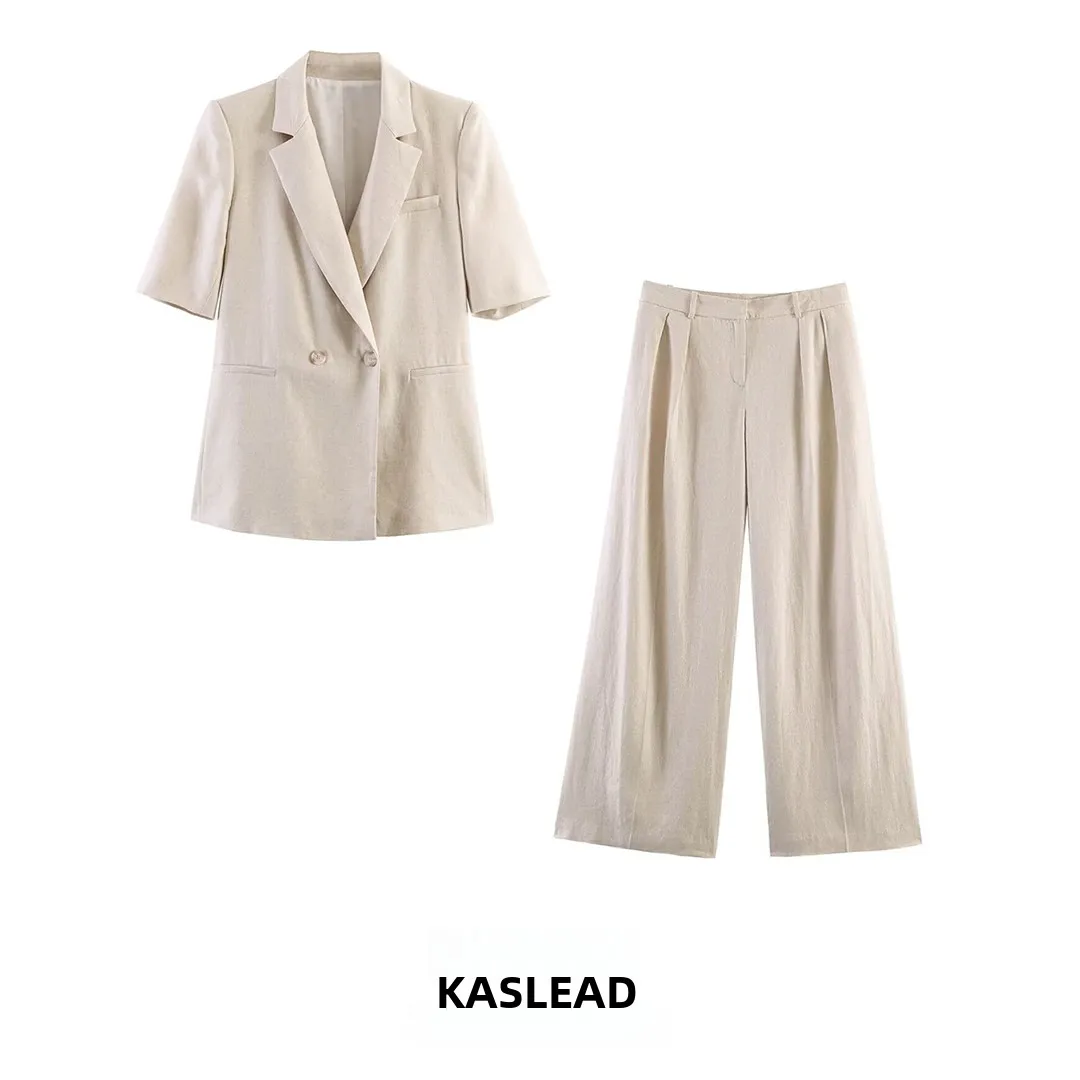 

KASLEAD New Women's Fashion Spring Short Sleeve Suit Jacket And Long Pants Two-Piece Set 2026 Seasonal Collection