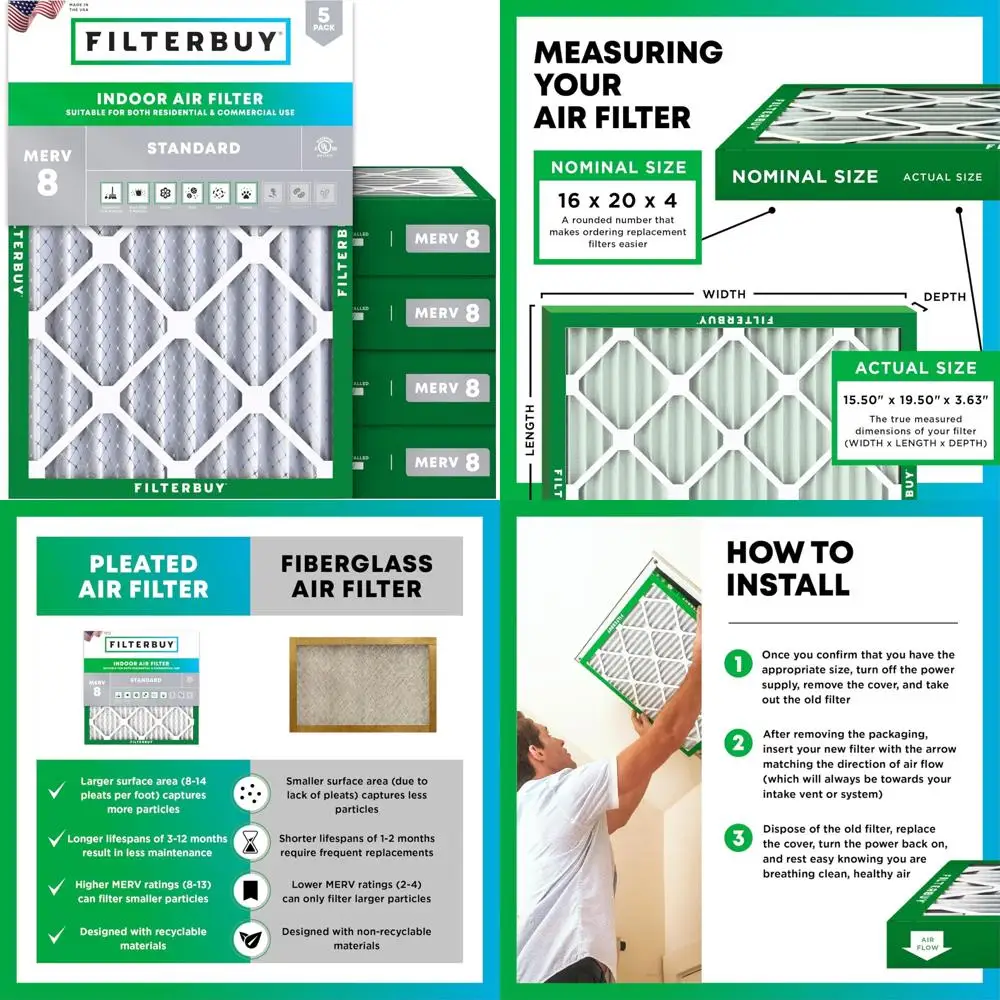 

Merv 8 Dust Defense 16x20x4 Pleated AC Furnace Air Filters - 5 Pack Replacement Electrostatic HVAC Filters for Home