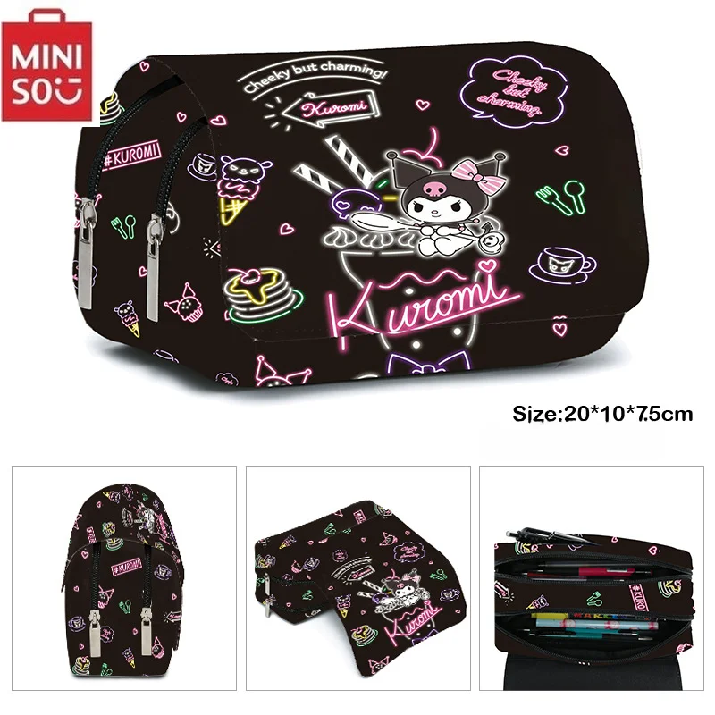 MINISO Kuromi Schoolbag Students Kawaii Double-layer Pencil Bag Large-capacity Casual Backpack Cartoon Printing Pen Bag