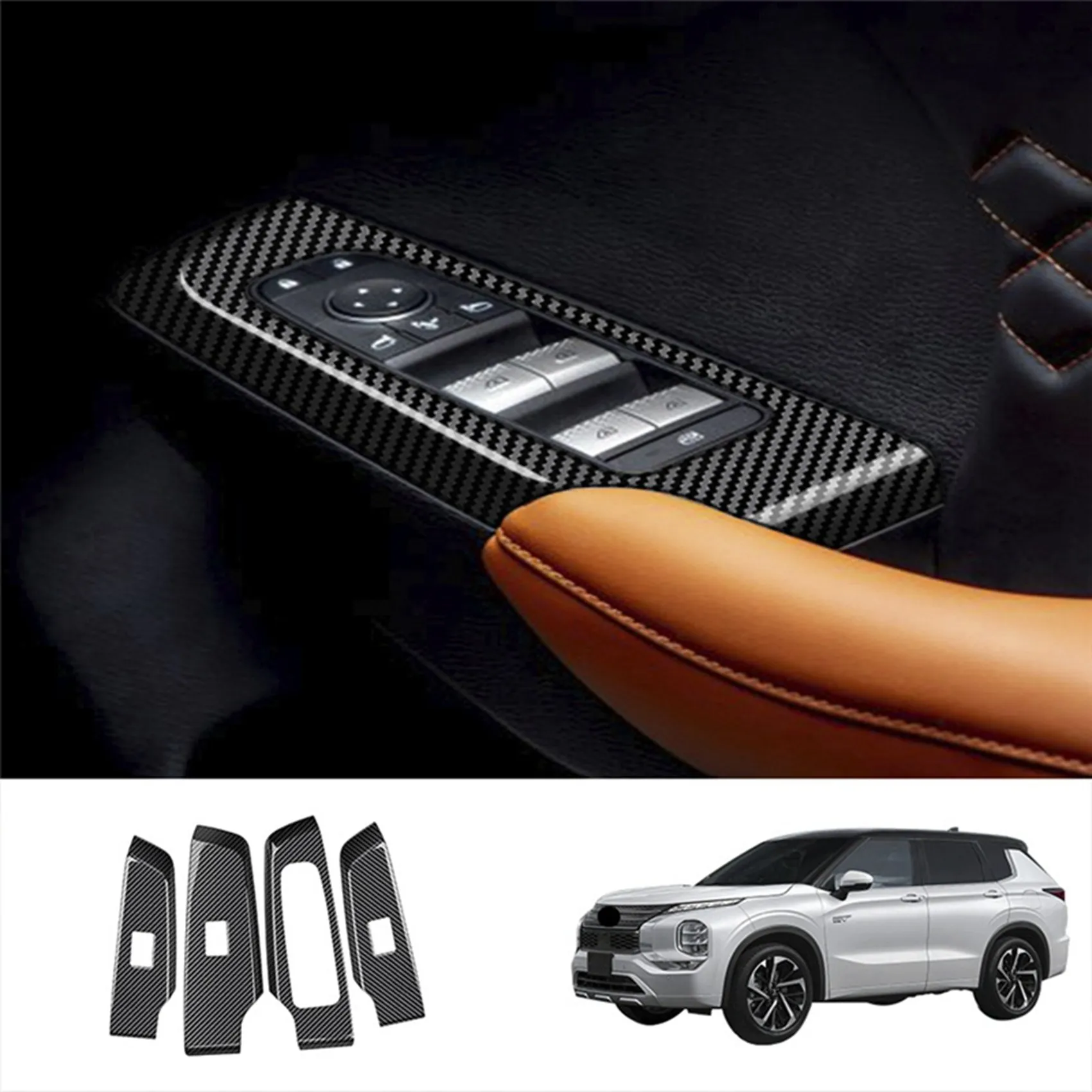 Car Carbon Fiber Window Glass Lift Button Switch Cover Trim Door Armrest Panel for Mitsubishi Outlander 2022+ RHD