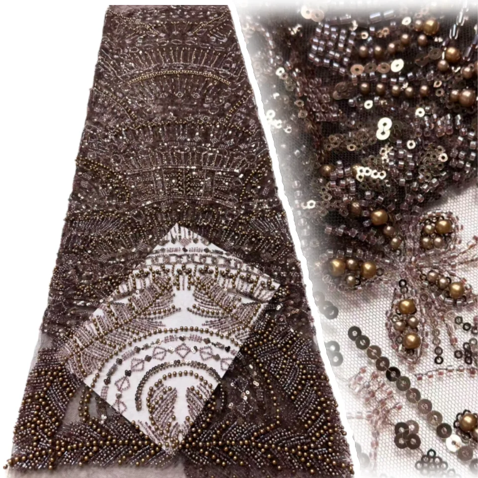 

Коричневая кружевная ткань с бисером, африканский тюль, кружевная ткань, 2025, кружевная ткань с французской вышивкой для свадебной вечеринки, швейный материал TP1732