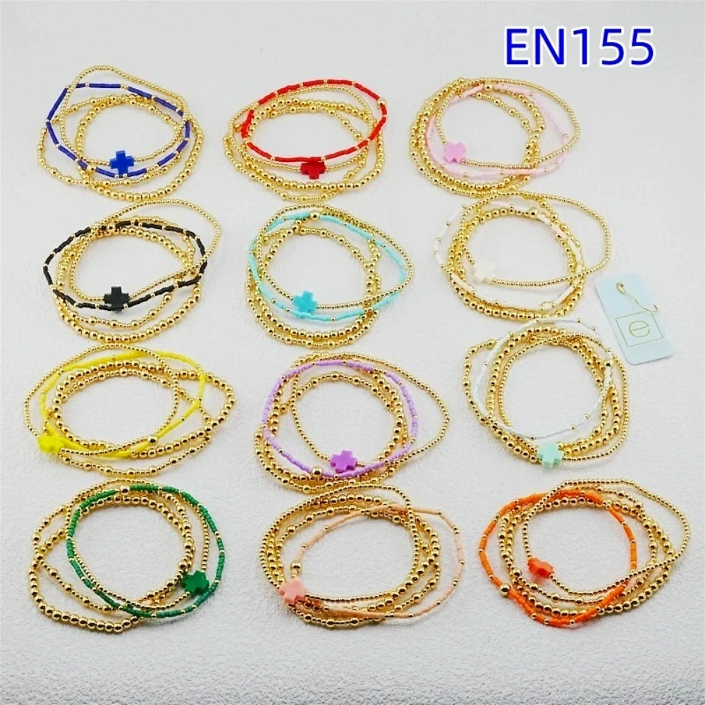 Cross Charm Beads Stack of 4 Bracelets, Fashion Jewelry Gift for Women Daily Layering