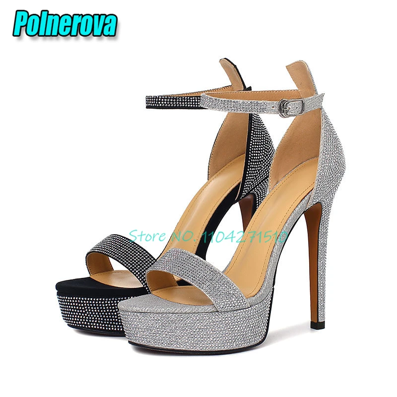 Rhinestone Strap Chunky Platform Sandals for Women Bling Crystal Black Suede Ankle Buckle High Heels Summer Party Wedding Shoes