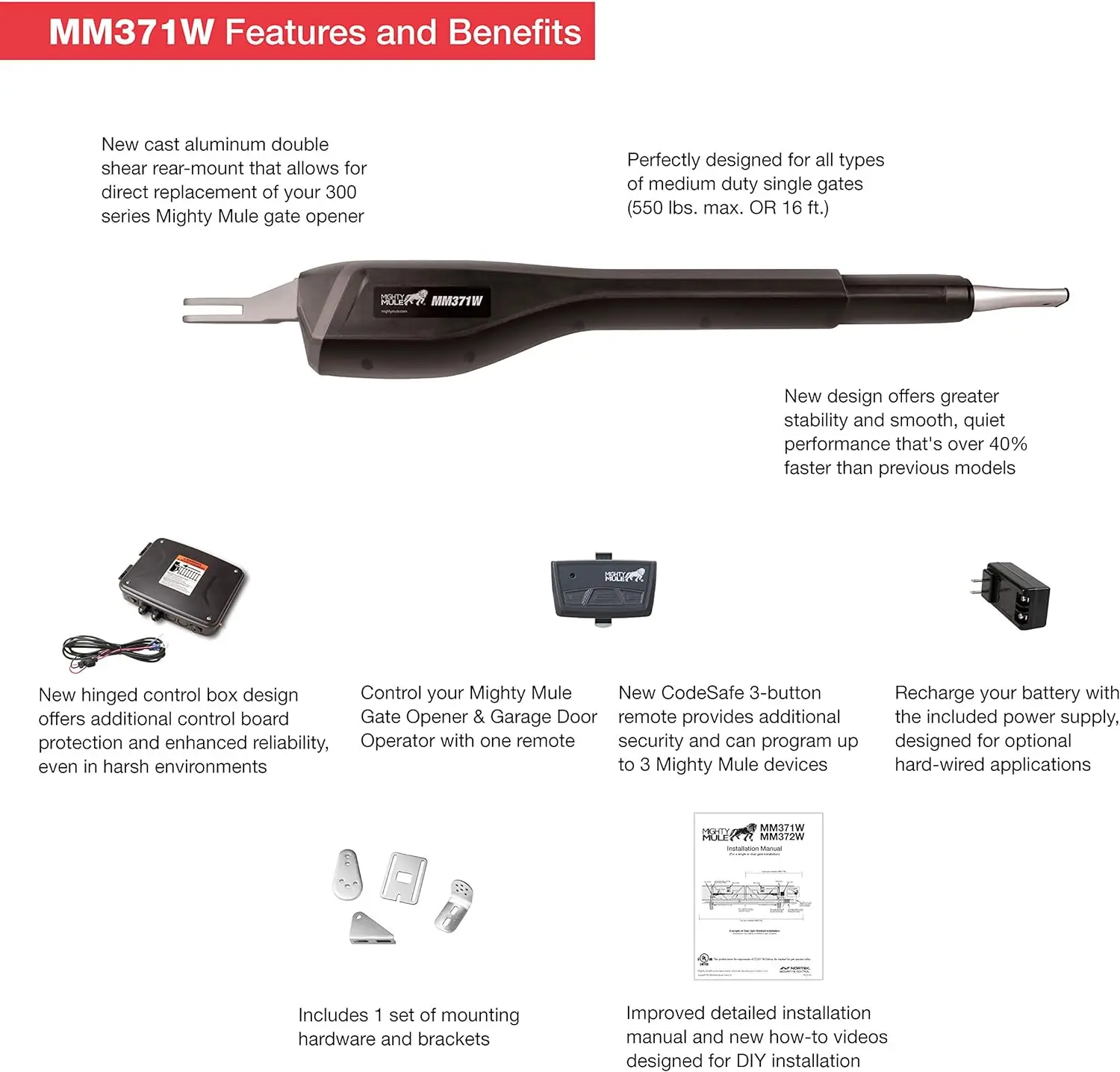 Mighty Mule MM371W Automatic Gate Opener, Smart and Solar Ready, Includes Gate Opener Remote and More-Up to