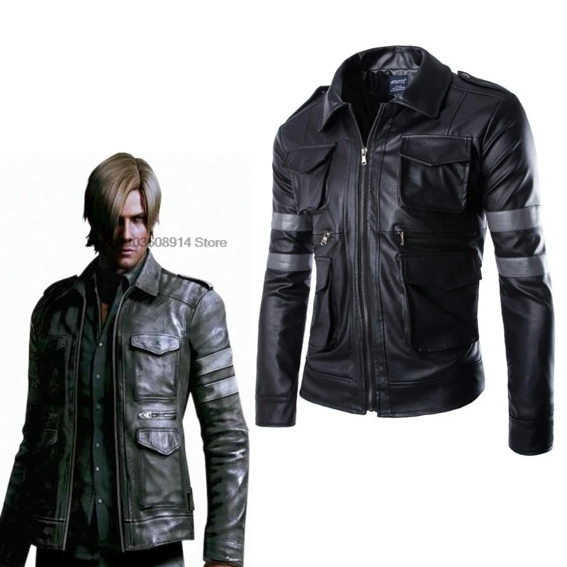 Leon Kennedy Cosplay jacket Autumn winter stand collar PU leather Coat mens casual handsome solid tops motorcycle wear outfits