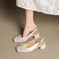 Retro leather square-toe woven high-heeled sandals, 2025 summer fashionable breathable single-buckle thick-heeled women's shoes