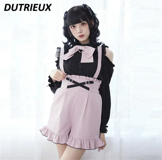 Spring Autumn New Cute Suspender Shorts Japanese Students Lace Slim Fit Wooden Ear Short Pants College Style Lolita Black Shorts