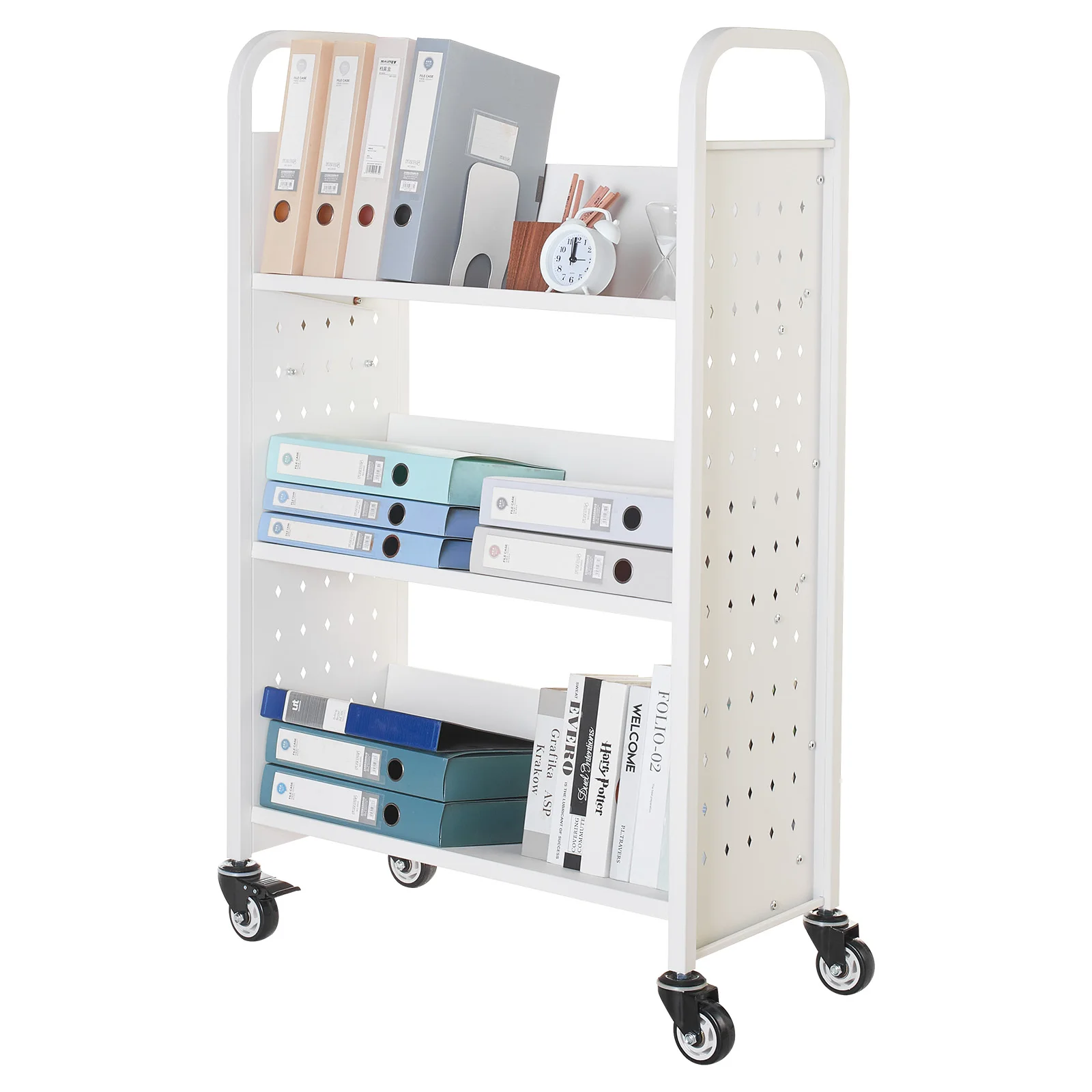 

SucceBuy 330Lbs Rolling Library Book Cart Black/White Single Sided W/V/L-Shaped Shelves Book Dolly for Home Office & School