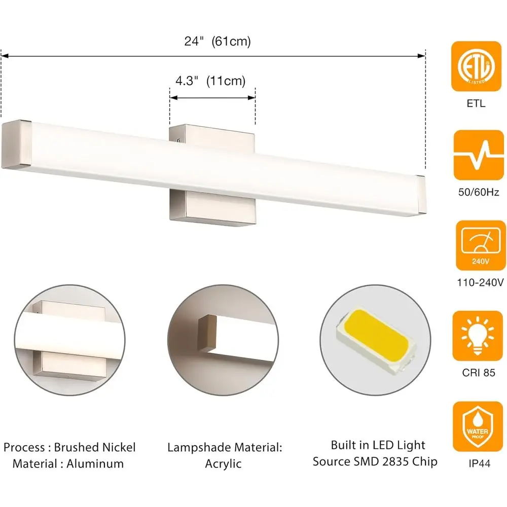 24 شريط إضاءة حائط LED من النيكل المصقول، 14 وات، 4000 ك أبيض طبيعي، للحمام فوق المرآة #5