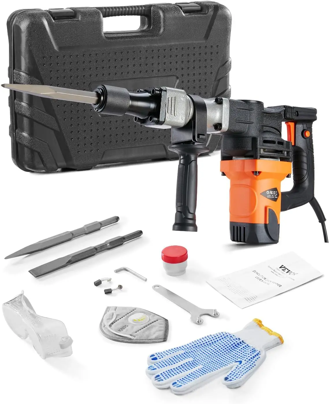 

1400W Electric Demolition Jack Hammer, 2900 BPM Concrete Breaker with 2 Chisels and Case