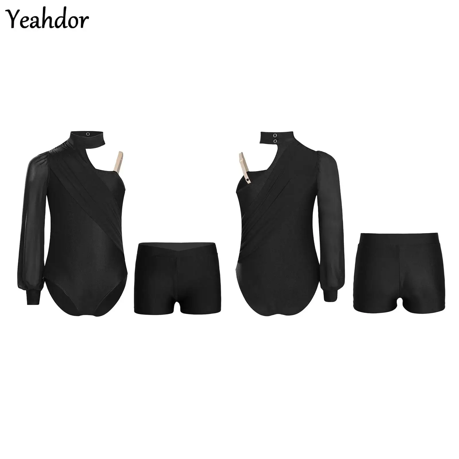 

Kids Girls Figure Skating Gymnastics Dance Outfit One Shoulder Long Sleeve Ruched Mesh Leotard Bodysuits +Shorts Ballet Jersey