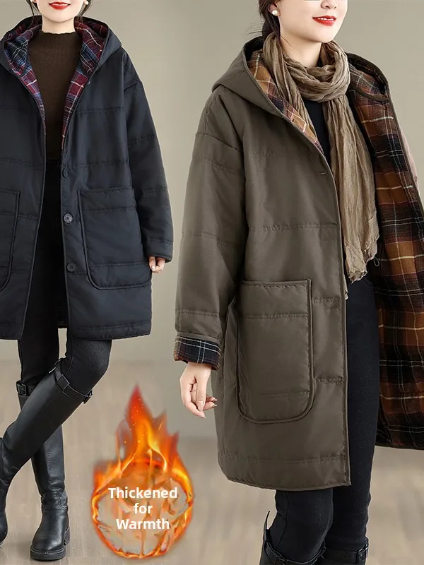 Fall Winter Plaid Color Block Hooded Thickened Large Size Cotton Jacket mid Length Coat Retro Style Women's Online Exclusive